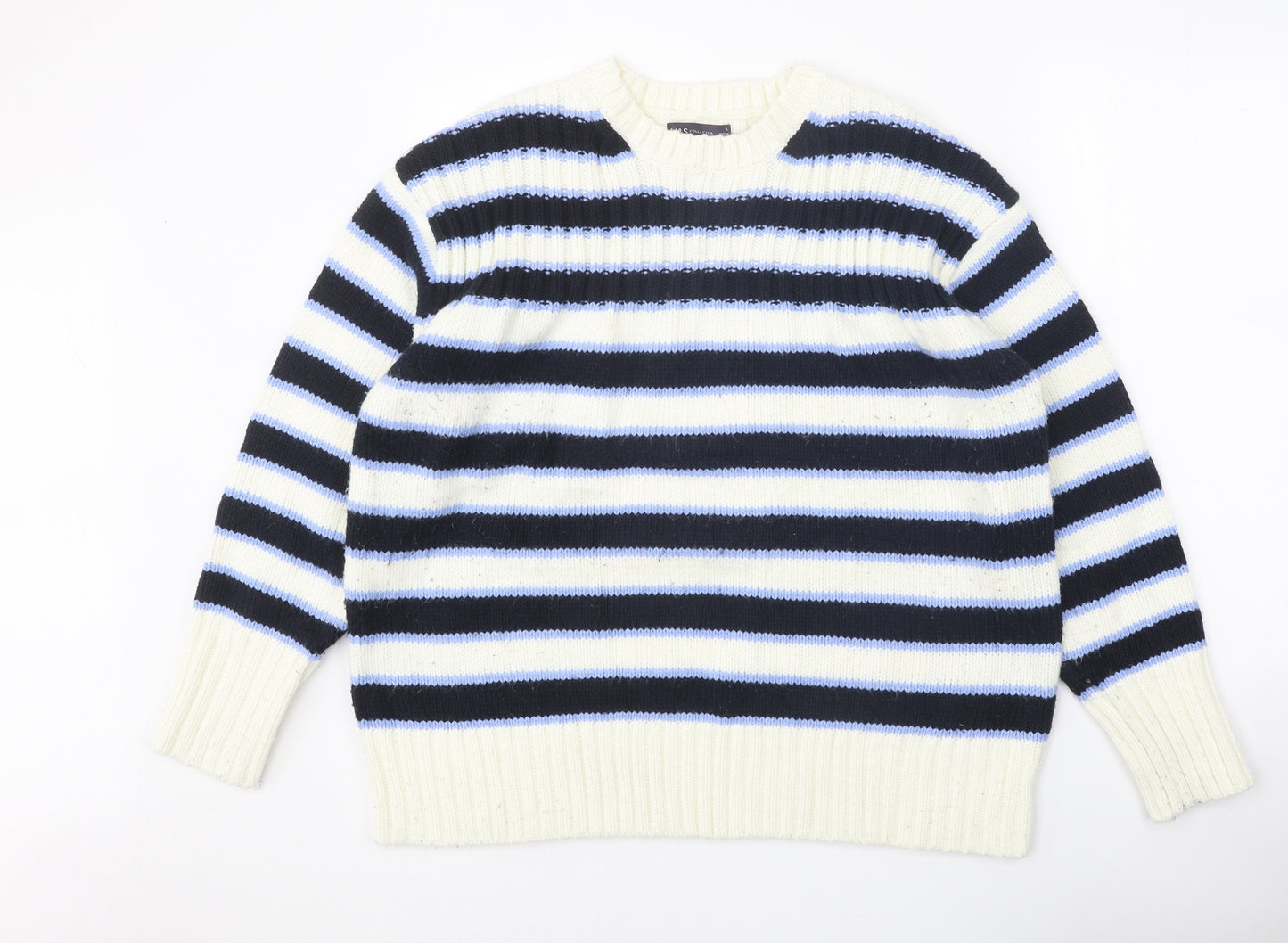 Marks and Spencer Womens White Round Neck Striped Acrylic Pullover Jumper Size L