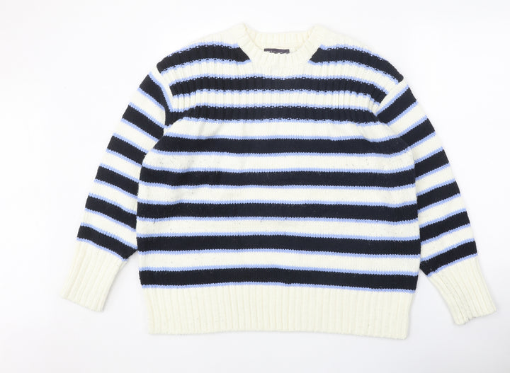 Marks and Spencer Womens White Round Neck Striped Acrylic Pullover Jumper Size L