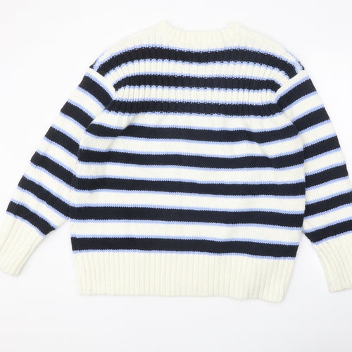Marks and Spencer Womens White Round Neck Striped Acrylic Pullover Jumper Size L
