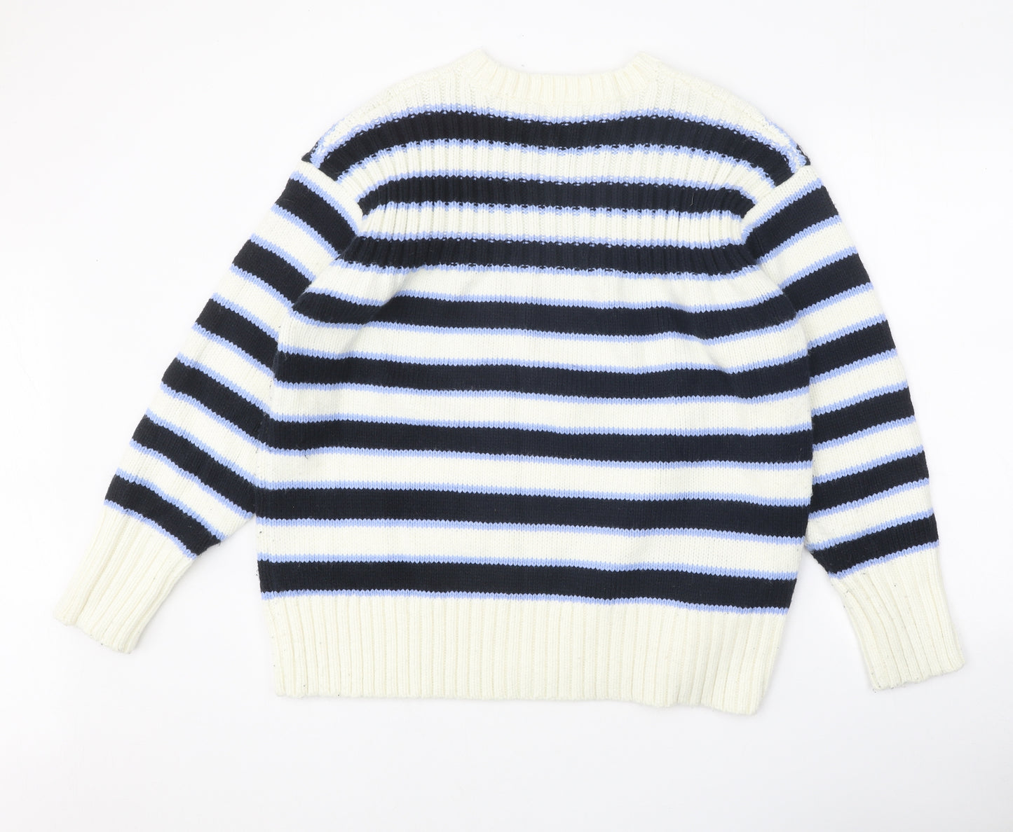 Marks and Spencer Womens White Round Neck Striped Acrylic Pullover Jumper Size L