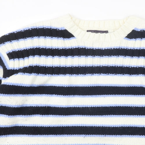 Marks and Spencer Womens White Round Neck Striped Acrylic Pullover Jumper Size L