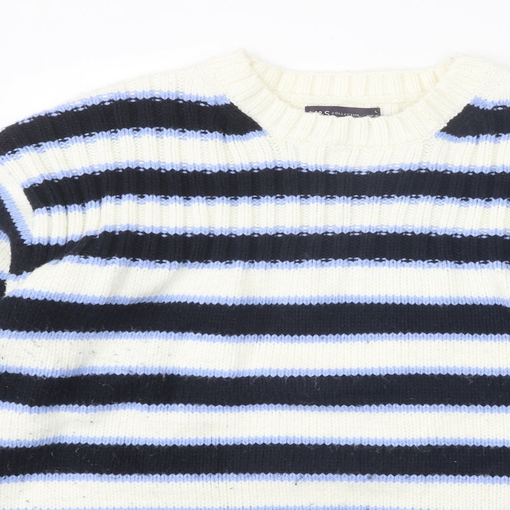 Marks and Spencer Womens White Round Neck Striped Acrylic Pullover Jumper Size L