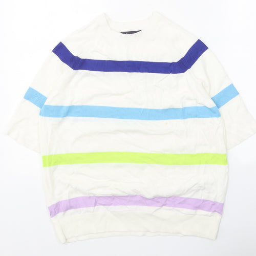 Marks and Spencer Womens White Round Neck Striped Cotton Pullover Jumper Size M