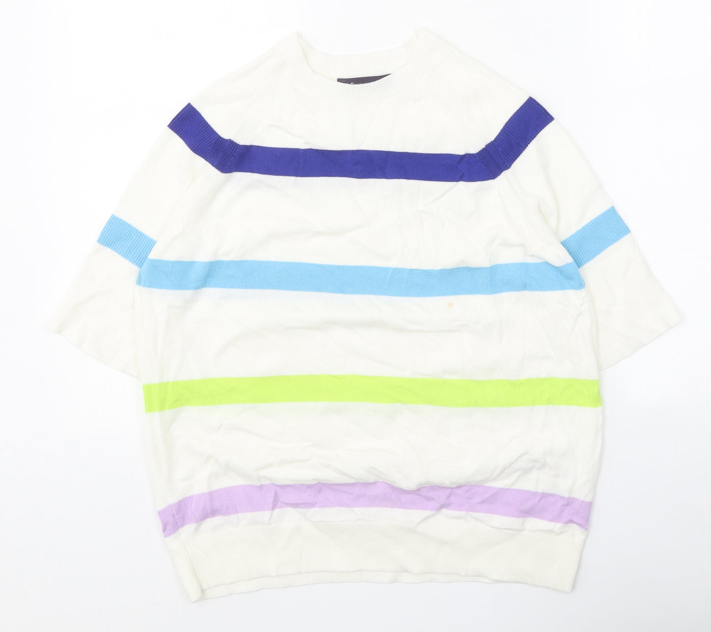 Marks and Spencer Womens White Round Neck Striped Cotton Pullover Jumper Size M