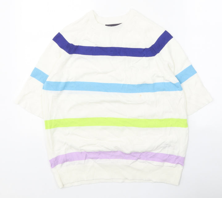 Marks and Spencer Womens White Round Neck Striped Cotton Pullover Jumper Size M
