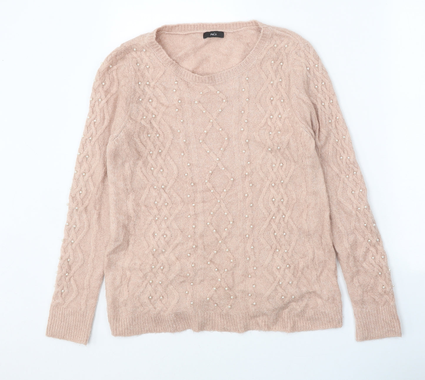 M&Co Womens Pink Round Neck Geometric Acrylic Pullover Jumper Size 12