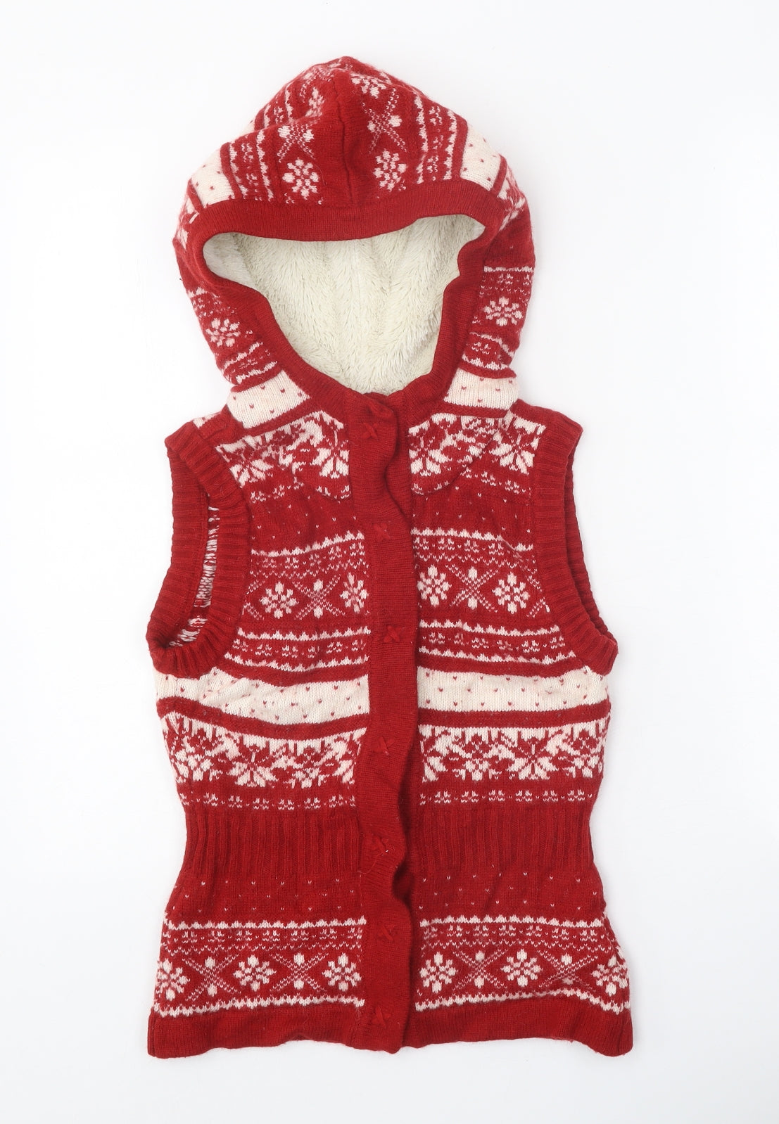 H&M Womens Red Round Neck Fair Isle Wool Cardigan Jumper Size XS