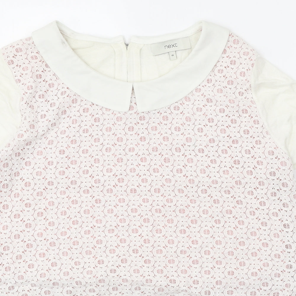 NEXT Womens White Collared Geometric Cotton Pullover Jumper Size 14