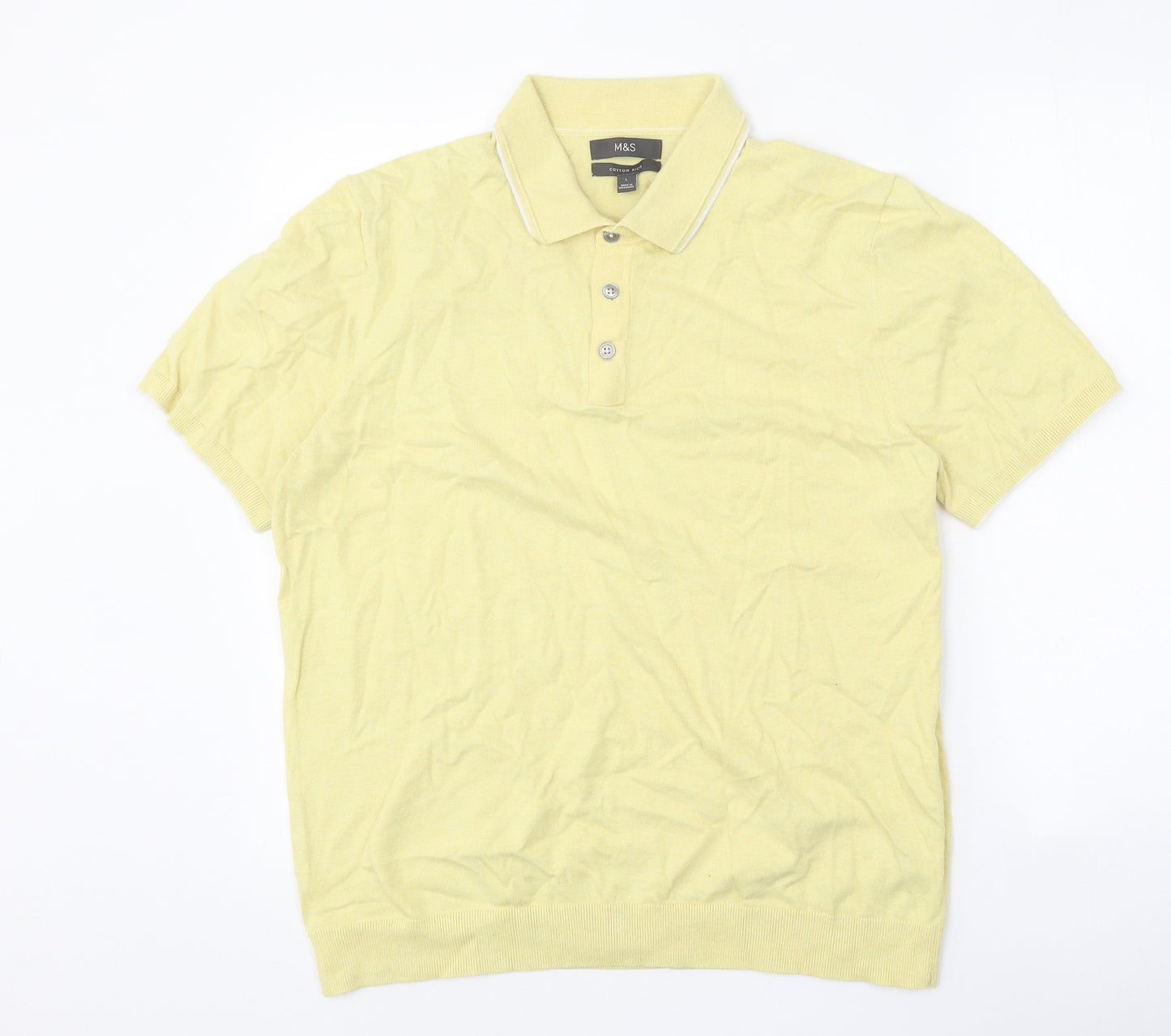 Marks and Spencer Mens Yellow Cotton Polo Size L Collared Button
