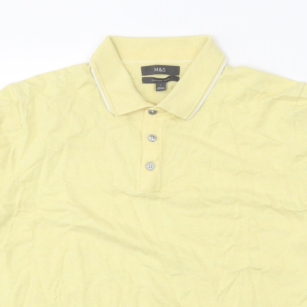 Marks and Spencer Mens Yellow Cotton Polo Size L Collared Button