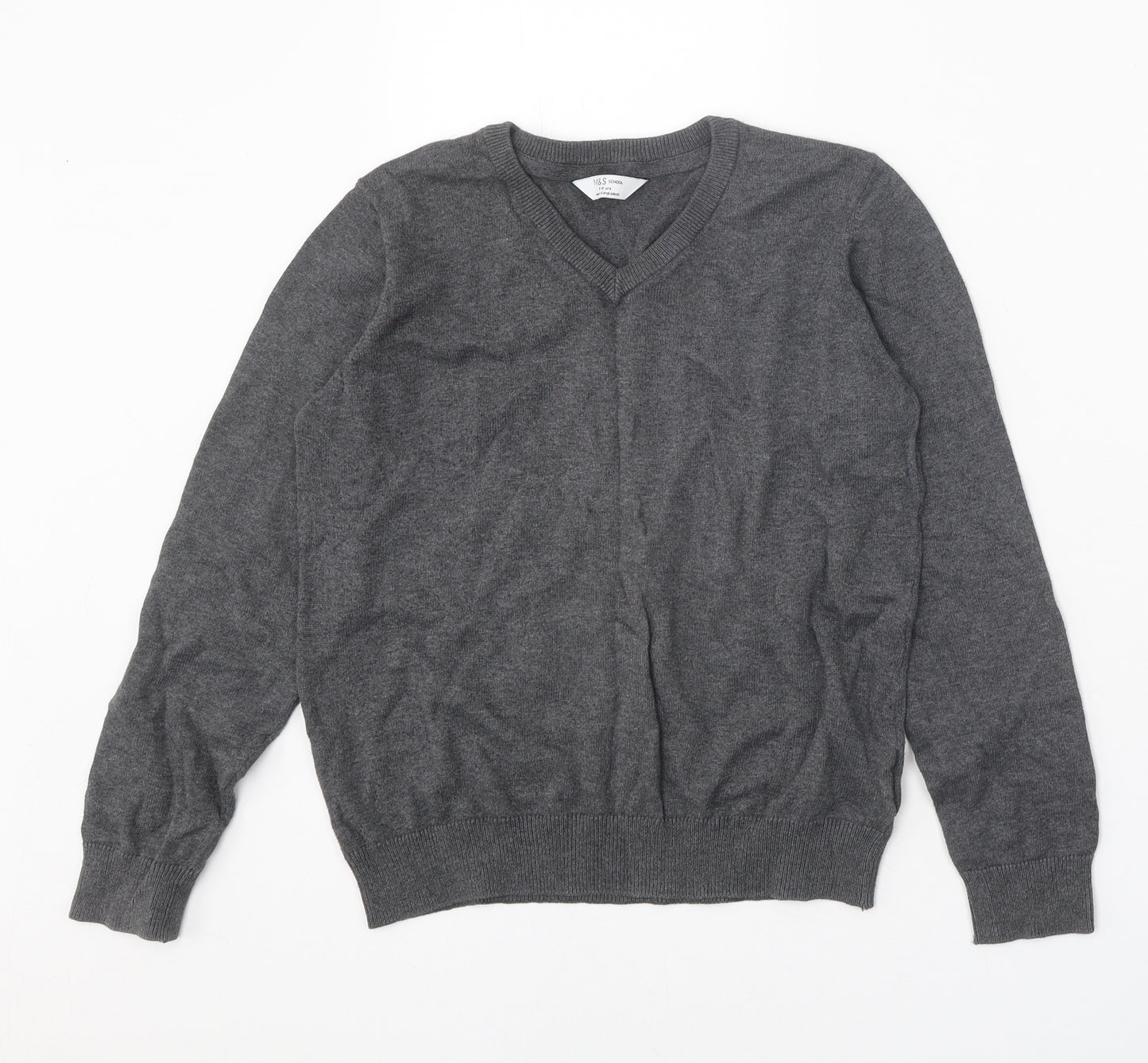 Marks and Spencer Boys Grey V-Neck 100% Cotton Pullover Jumper Size 9-10 Years Pullover