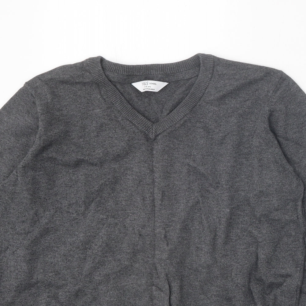 Marks and Spencer Boys Grey V-Neck 100% Cotton Pullover Jumper Size 9-10 Years Pullover