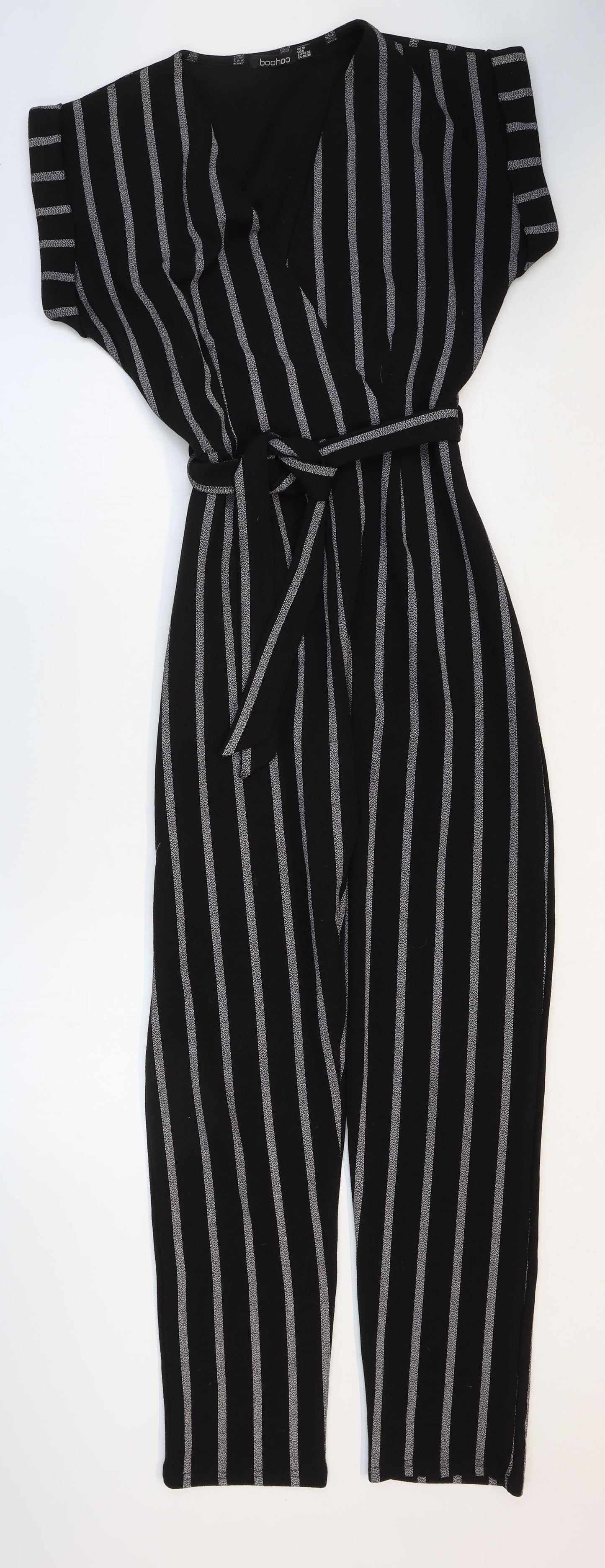 Boohoo Womens Black Striped Polyester Jumpsuit One-Piece Size 10 Tie