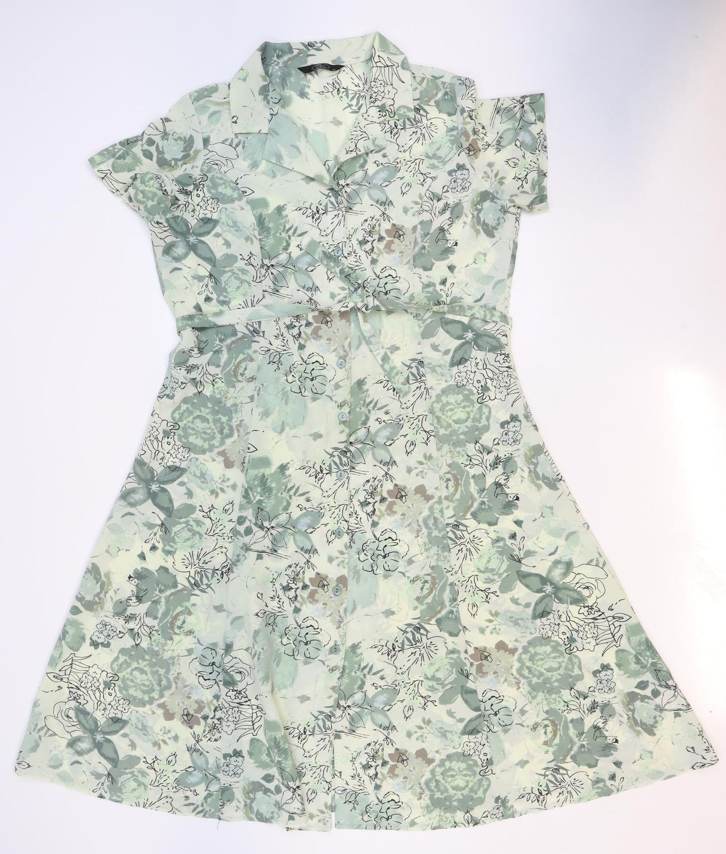BM Womens Green Floral Polyester Shirt Dress Size 14 Collared Button