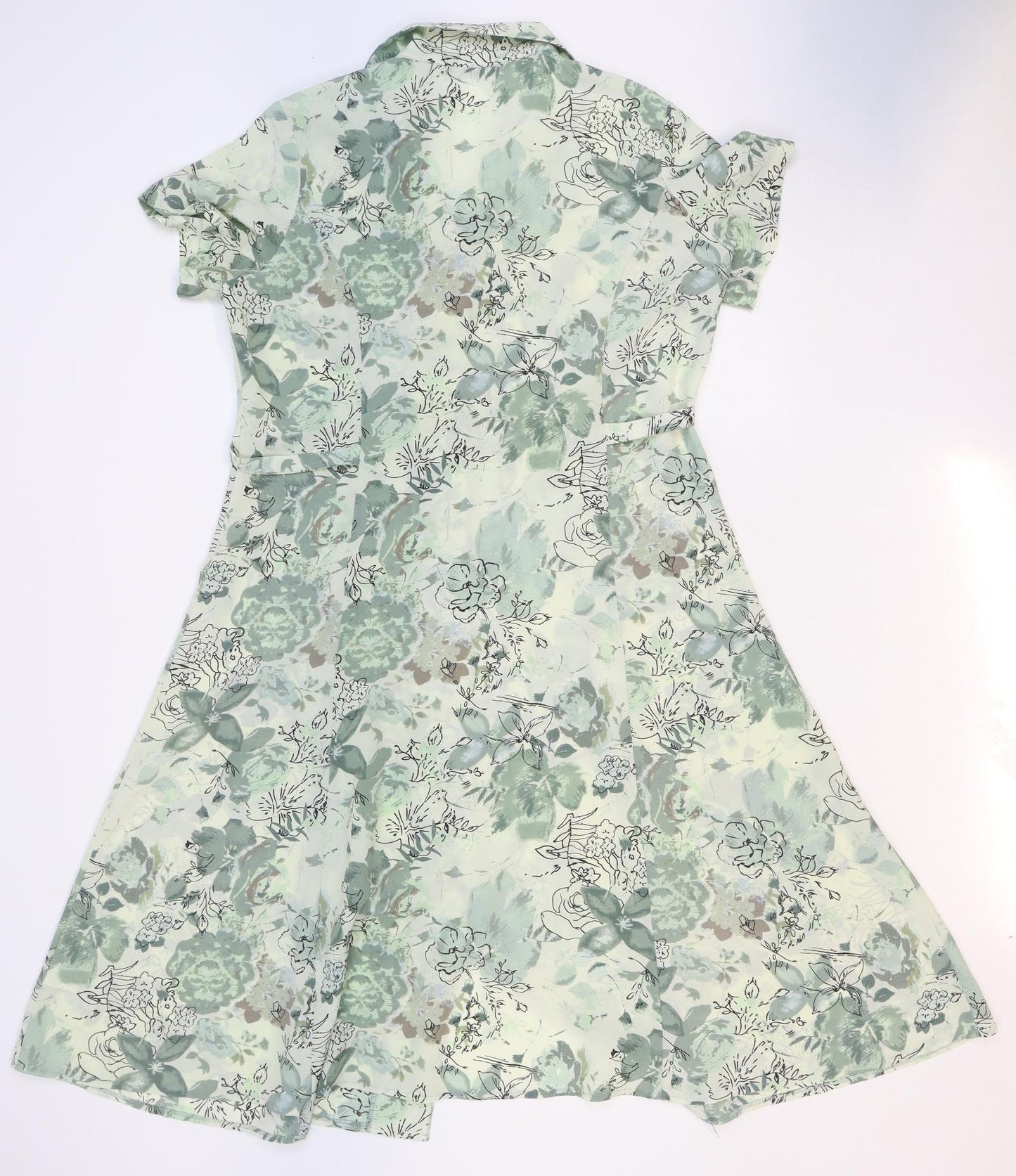 BM Womens Green Floral Polyester Shirt Dress Size 14 Collared Button