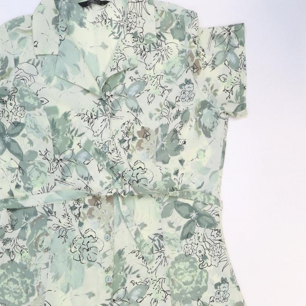 BM Womens Green Floral Polyester Shirt Dress Size 14 Collared Button