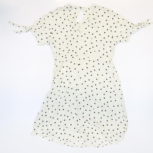 Primark Womens White Polka Dot Viscose A-Line Size 6 Round Neck Button - Tie Sleeve Detail