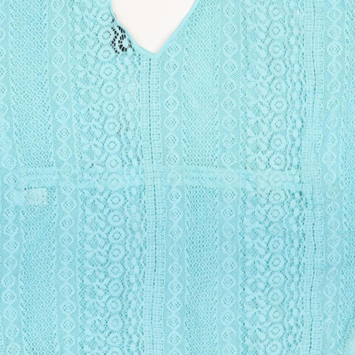 Beyou Womens Blue Geometric Cotton Basic Blouse Size 12 V-Neck