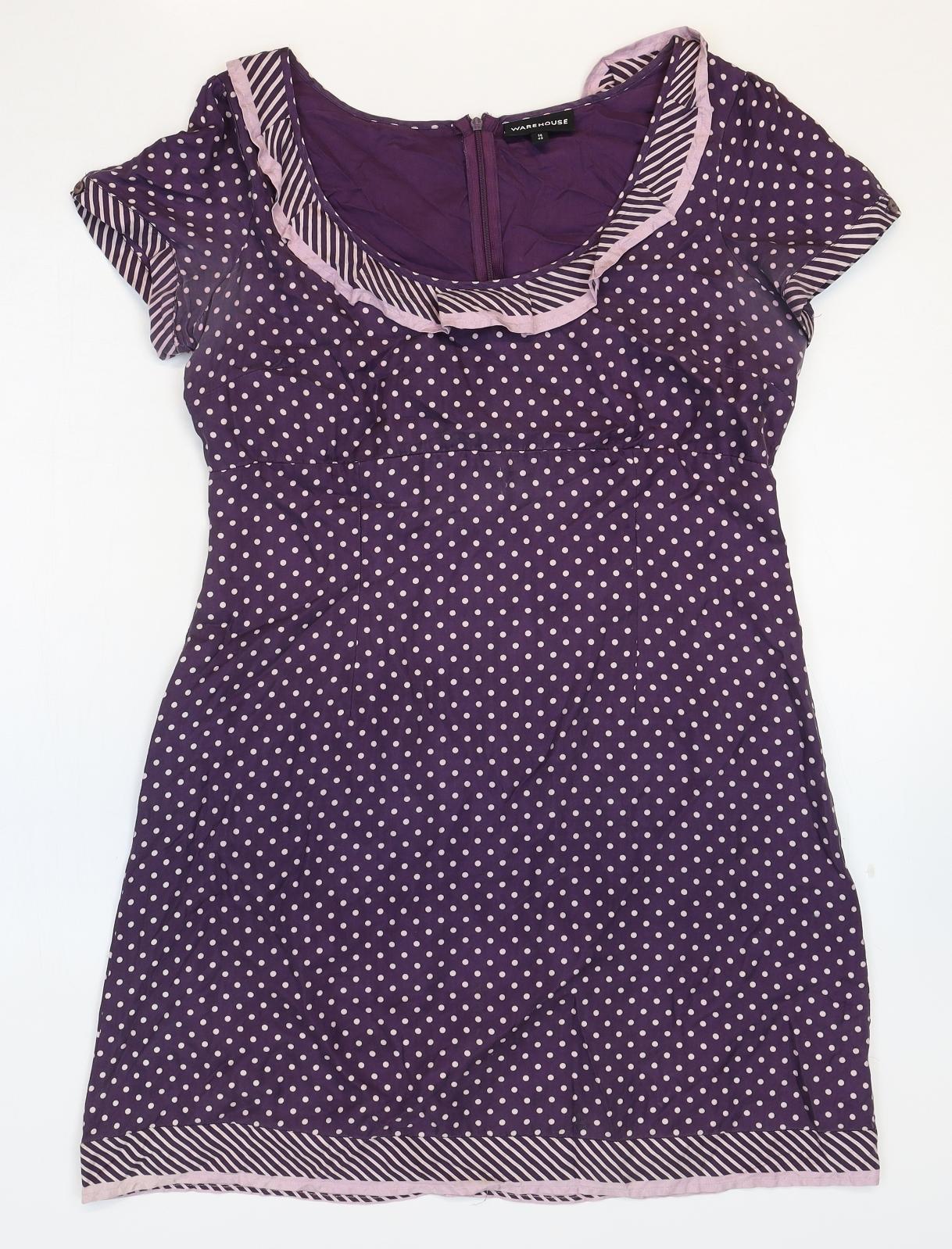 Warehouse Womens Purple Polka Dot Silk Mini Size 14 Boat Neck Zip