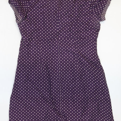 Warehouse Womens Purple Polka Dot Silk Mini Size 14 Boat Neck Zip