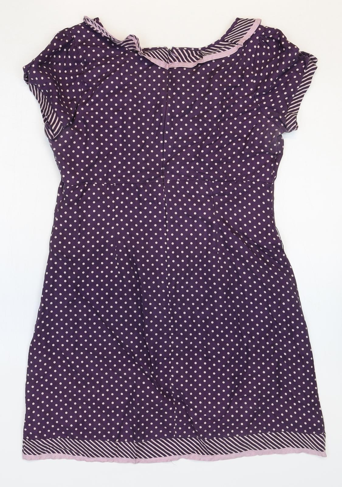 Warehouse Womens Purple Polka Dot Silk Mini Size 14 Boat Neck Zip