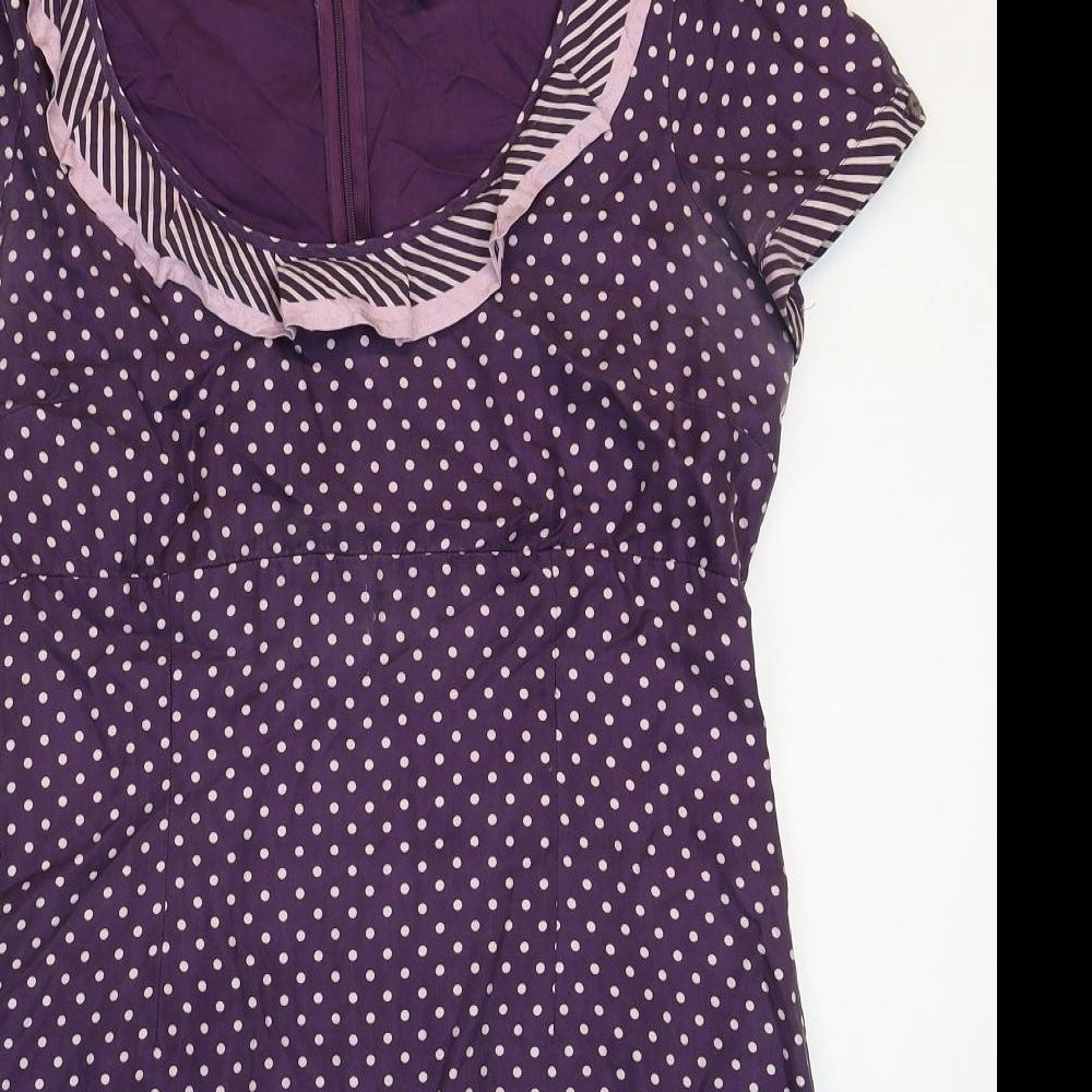 Warehouse Womens Purple Polka Dot Silk Mini Size 14 Boat Neck Zip