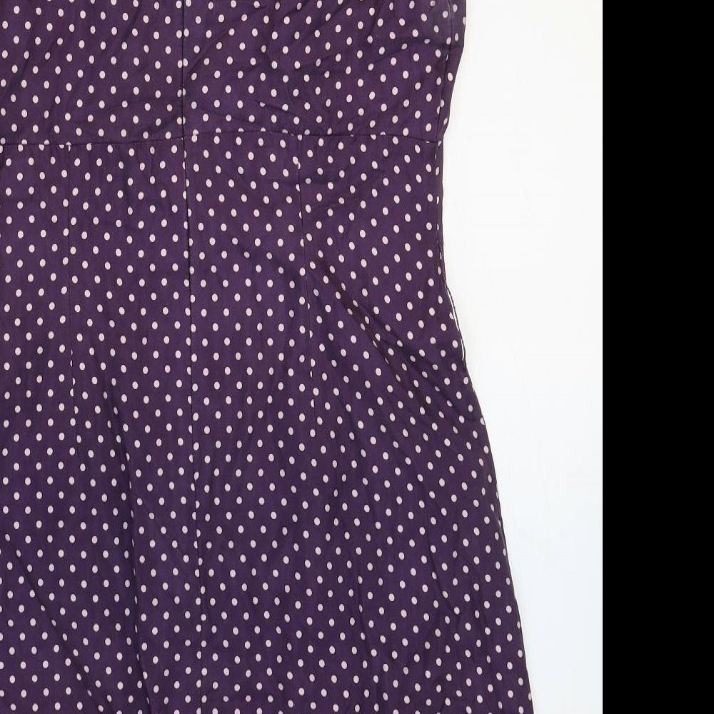 Warehouse Womens Purple Polka Dot Silk Mini Size 14 Boat Neck Zip
