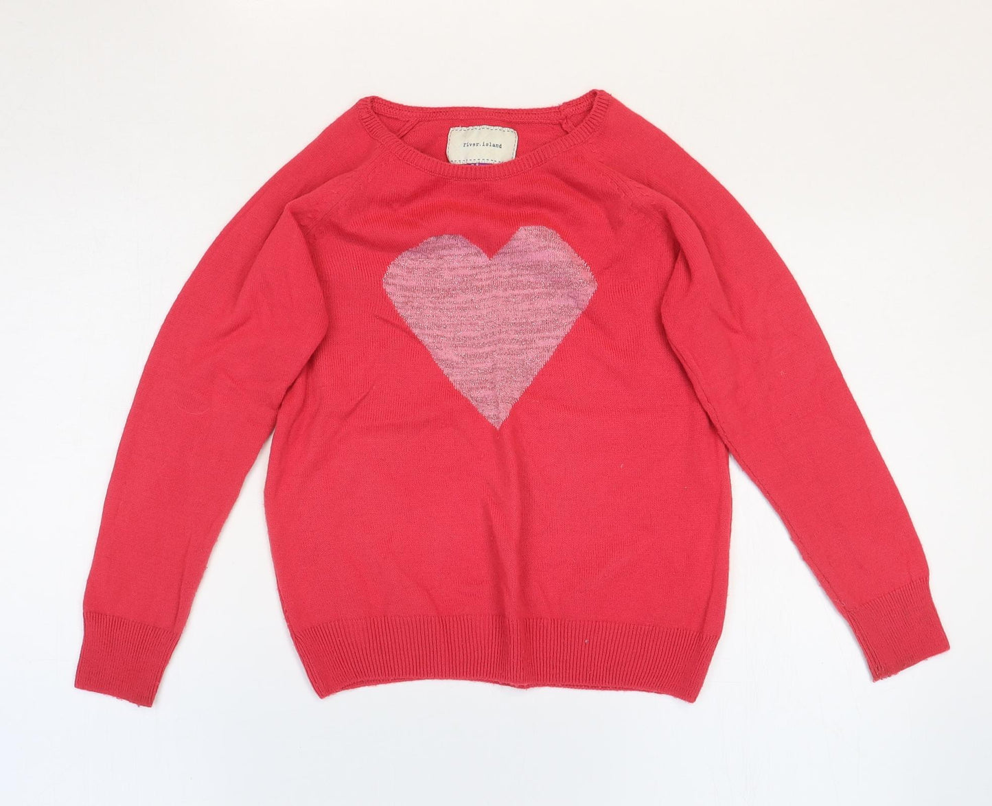 River Island Girls Pink Round Neck Acrylic Pullover Jumper Size 7-8 Years Pullover - Love Heart