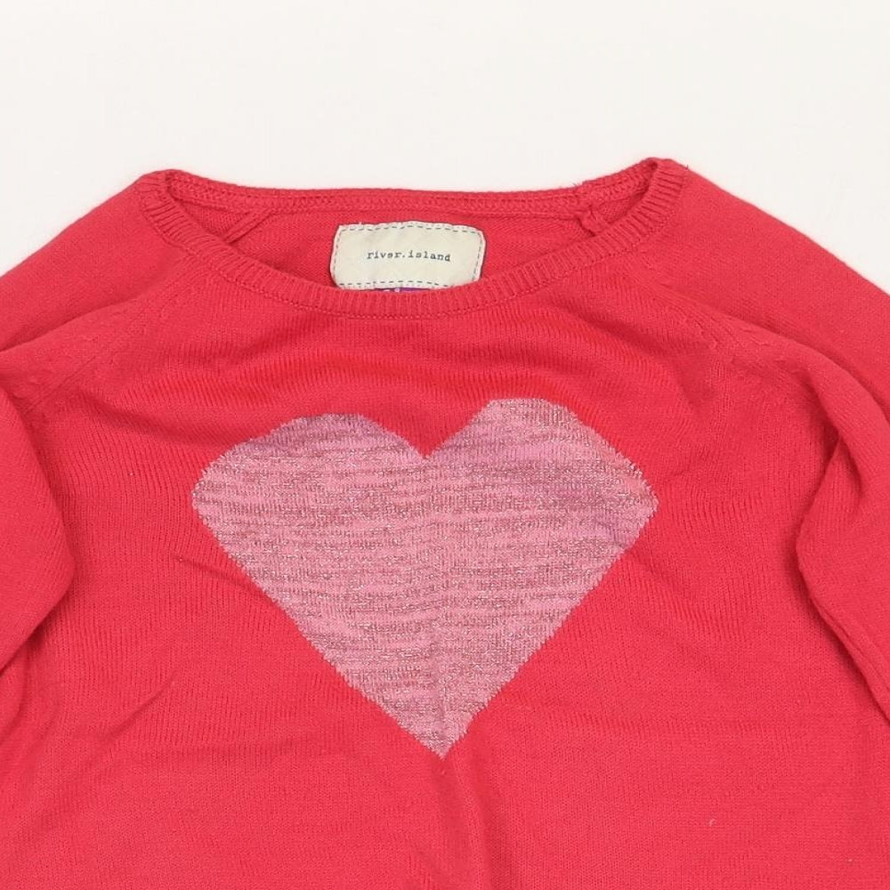 River Island Girls Pink Round Neck Acrylic Pullover Jumper Size 7-8 Years Pullover - Love Heart