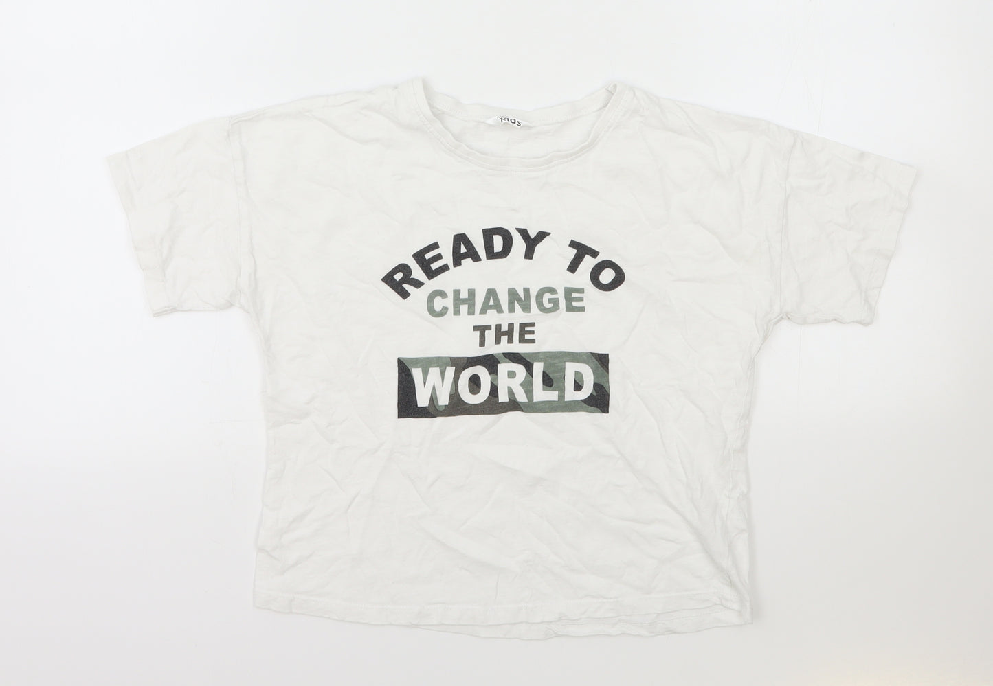 M&Co Boys White Cotton Basic T-Shirt Size 11-12 Years Round Neck Pullover - Ready to Change the World