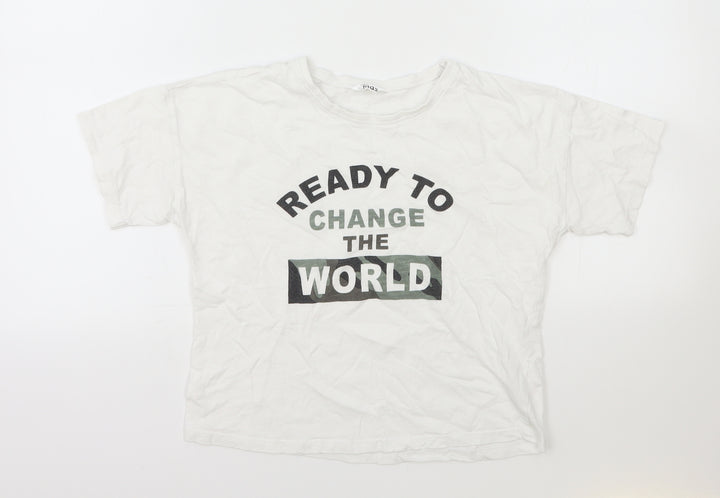 M&Co Boys White Cotton Basic T-Shirt Size 11-12 Years Round Neck Pullover - Ready to Change the World