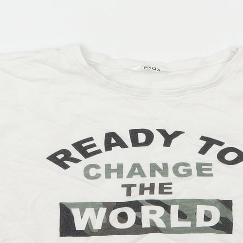 M&Co Boys White Cotton Basic T-Shirt Size 11-12 Years Round Neck Pullover - Ready to Change the World