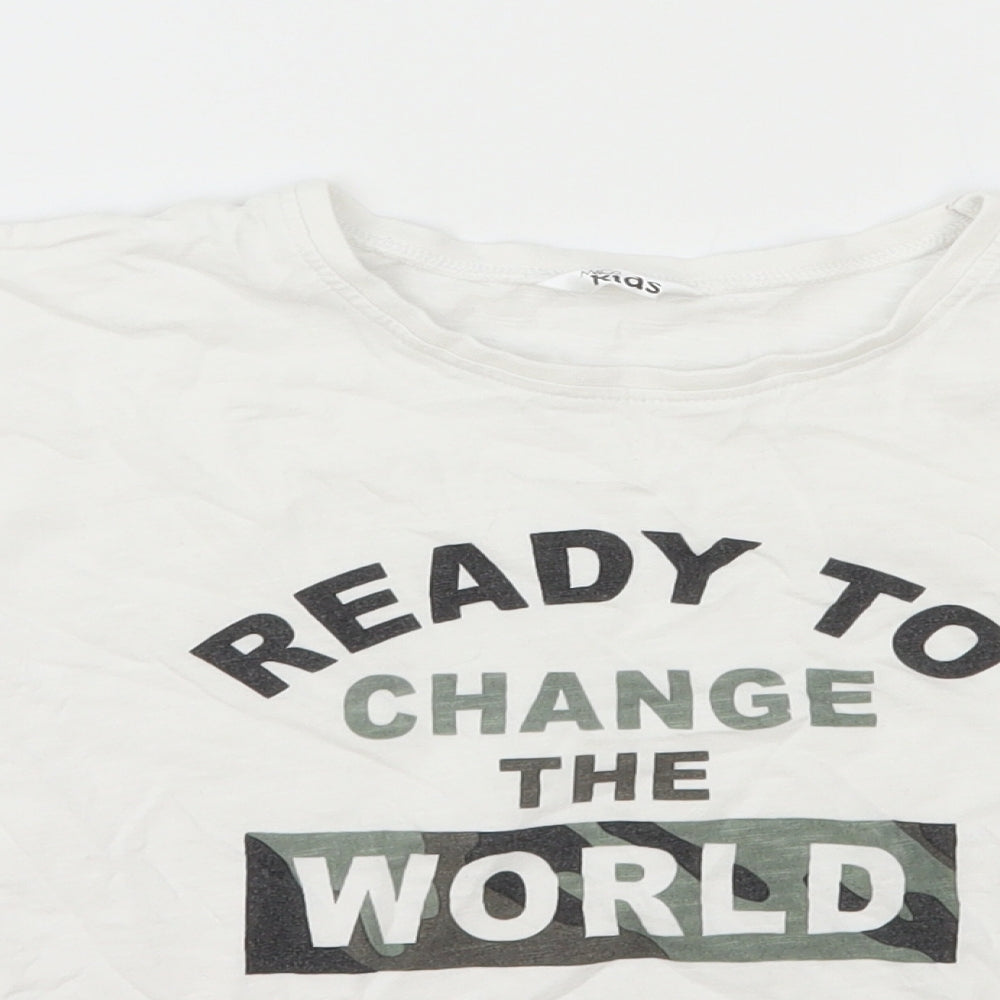 M&Co Boys White Cotton Basic T-Shirt Size 11-12 Years Round Neck Pullover - Ready to Change the World