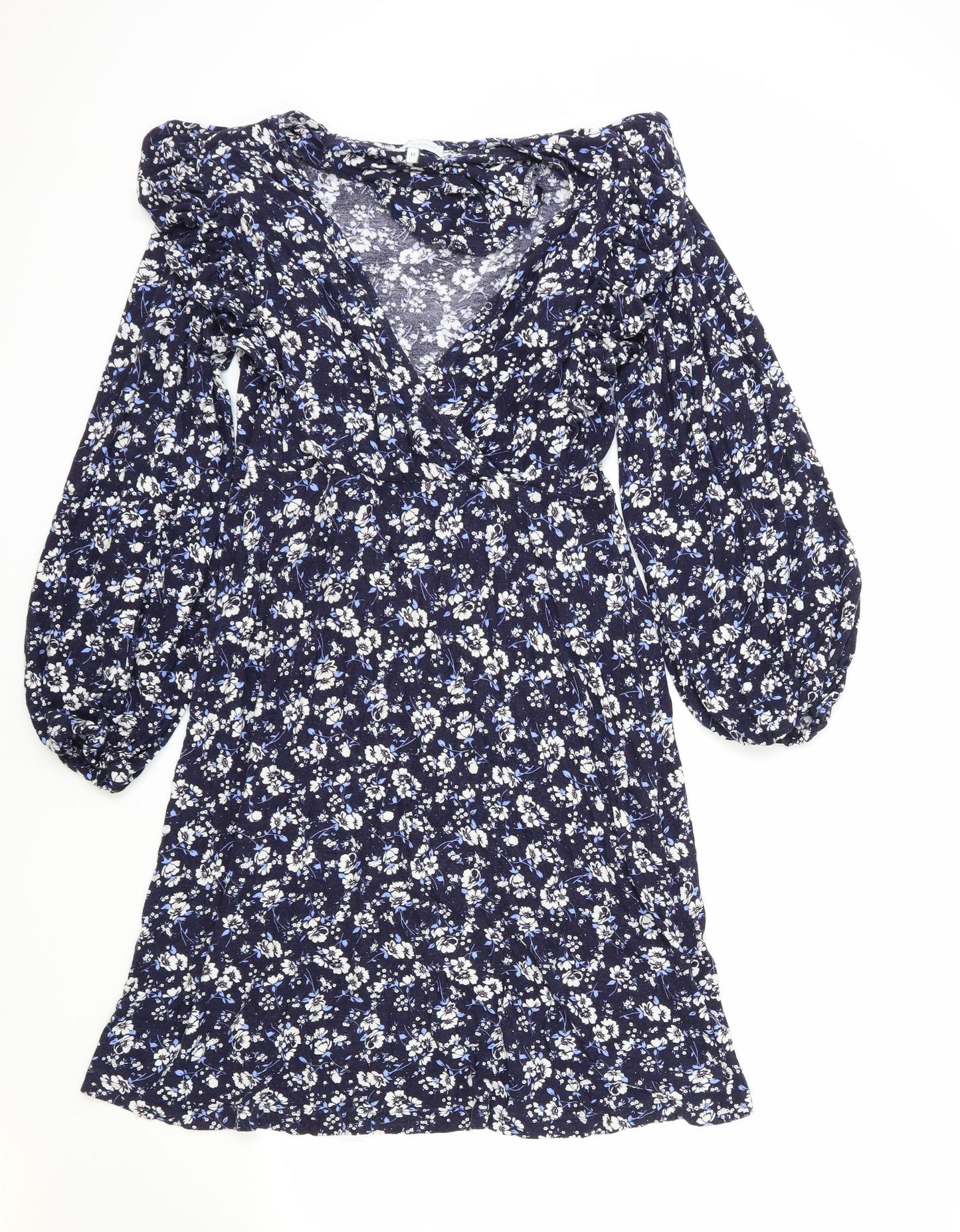NEXT Womens Blue Floral Viscose Fit & Flare Size 12 V-Neck Pullover