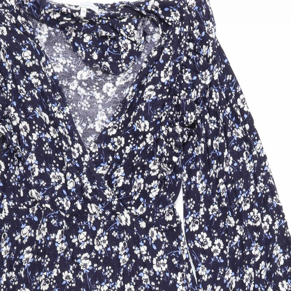 NEXT Womens Blue Floral Viscose Fit & Flare Size 12 V-Neck Pullover