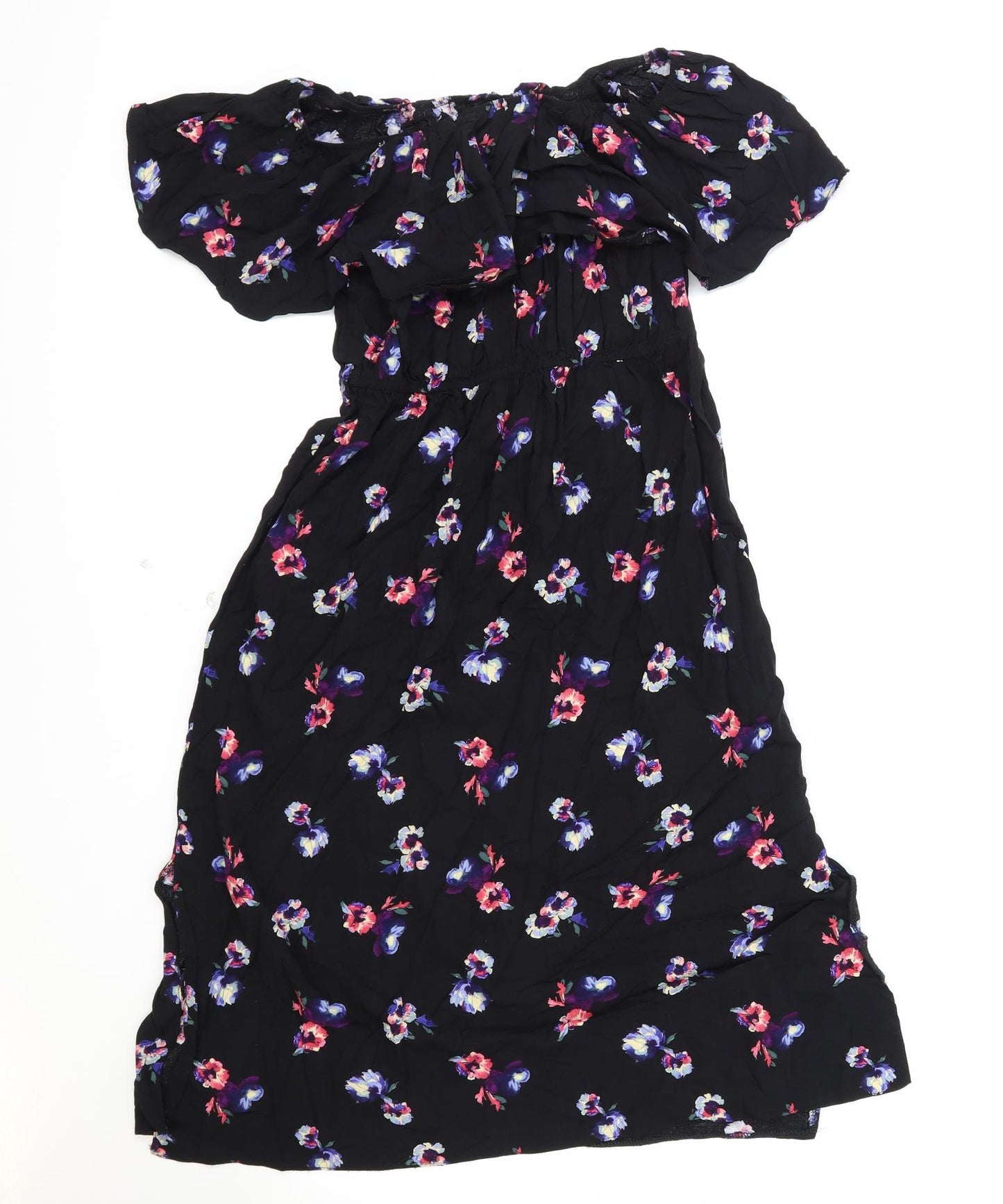 Primark Womens Black Floral Polyester Trapeze & Swing Size 16 Off the Shoulder Pullover