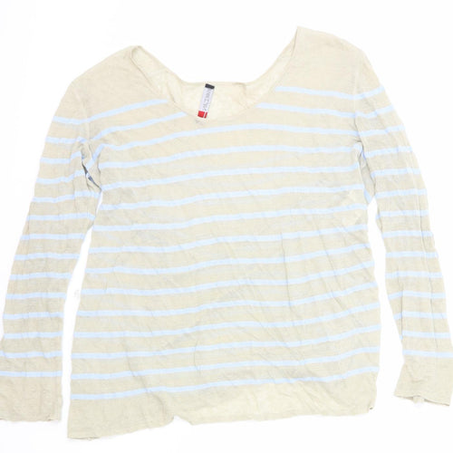 Marc Cain Womens Beige Scoop Neck Striped Linen Pullover Jumper Size 6