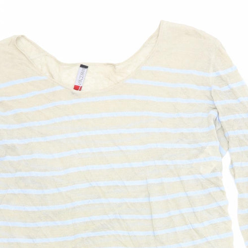 Marc Cain Womens Beige Scoop Neck Striped Linen Pullover Jumper Size 6