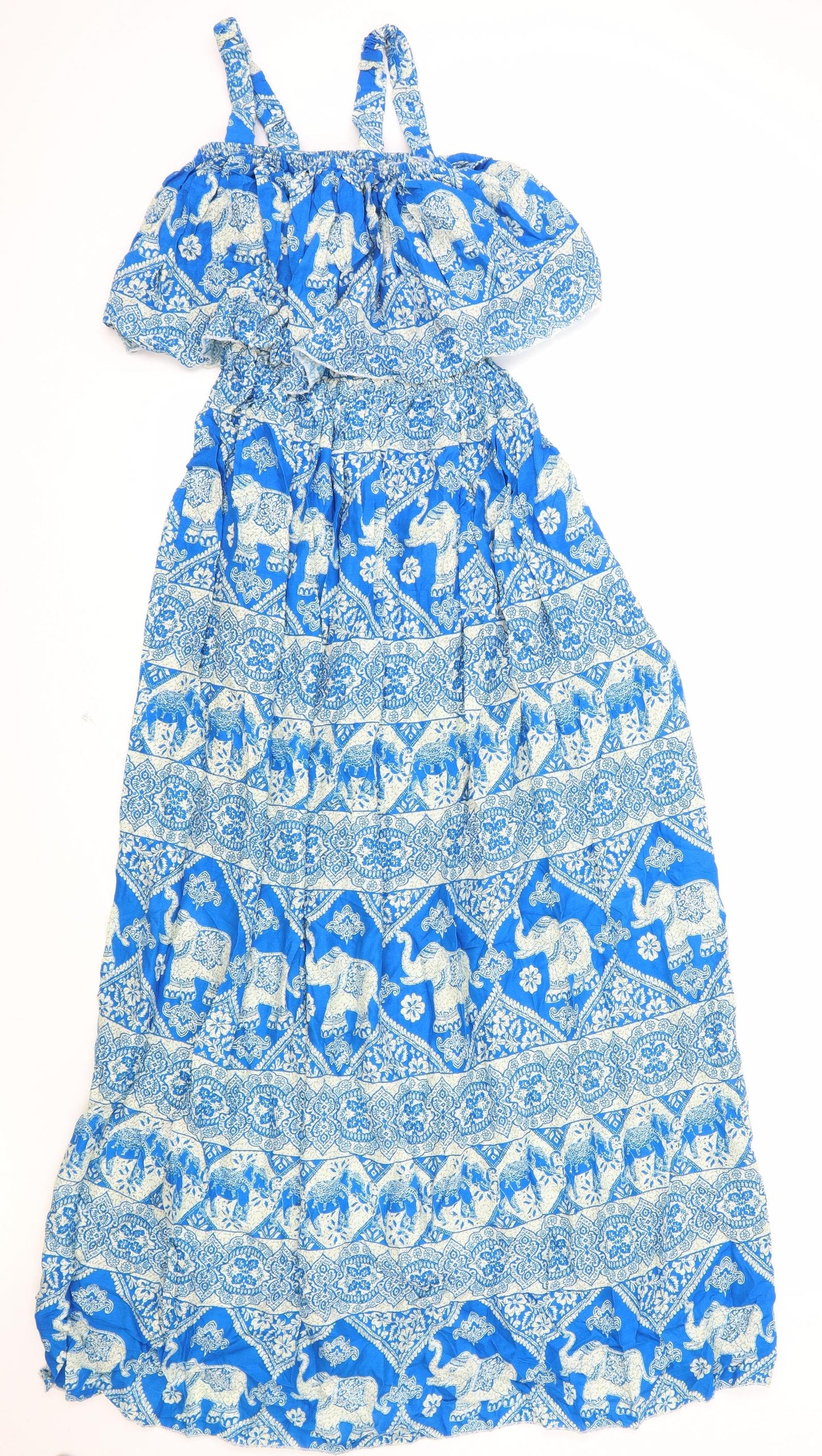 Preworn Womens Blue Geometric Cotton Maxi One Size Square Neck Pullover