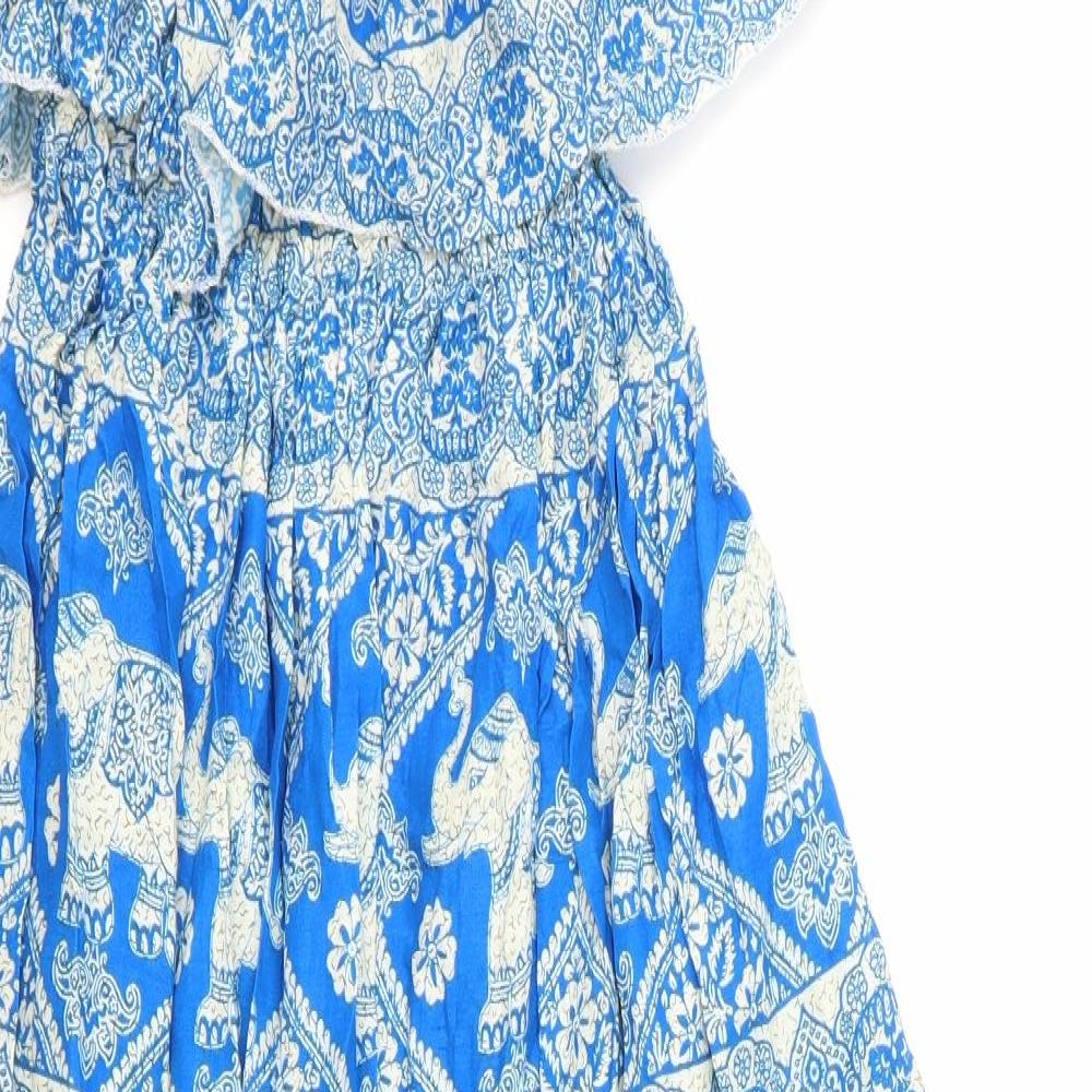 Preworn Womens Blue Geometric Cotton Maxi One Size Square Neck Pullover