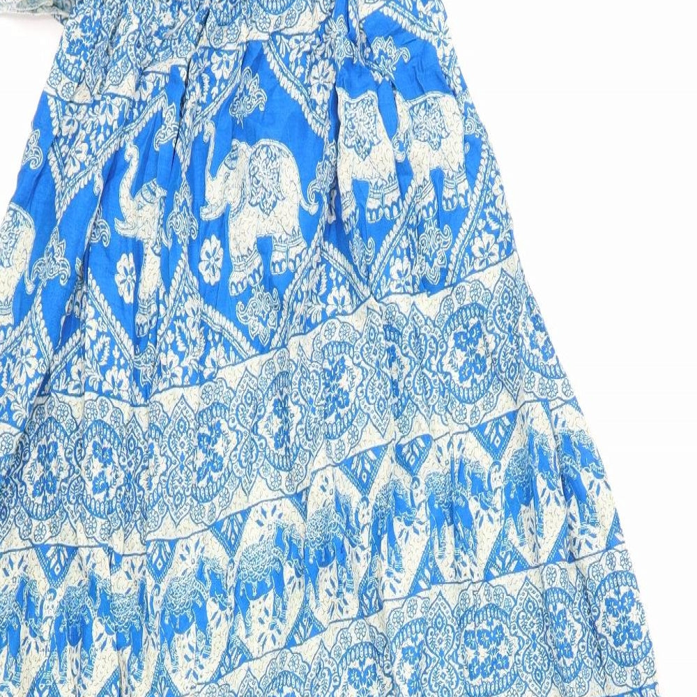 Preworn Womens Blue Geometric Cotton Maxi One Size Square Neck Pullover