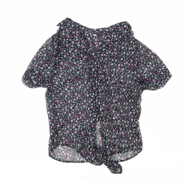 Debenhams Womens Black Floral Polyester Basic Button-Up Size 12 Collared - Knot Front