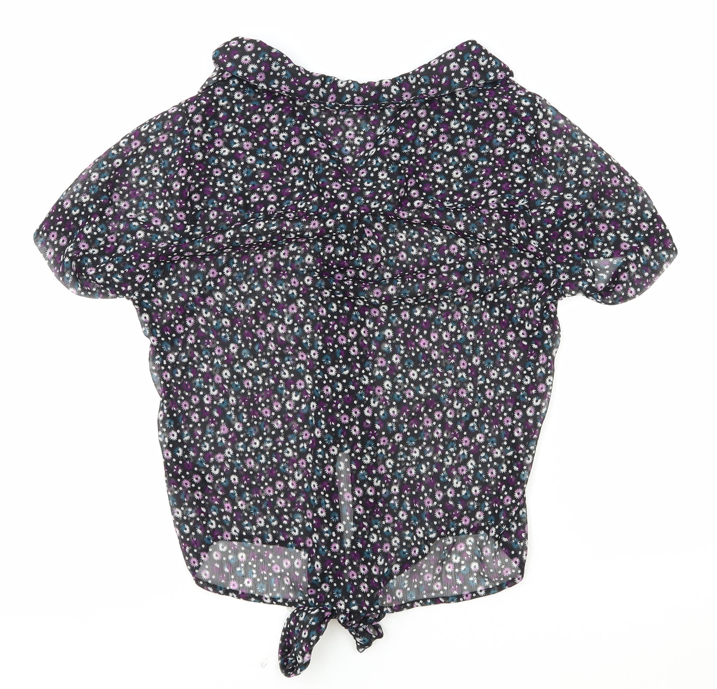 Debenhams Womens Black Floral Polyester Basic Button-Up Size 12 Collared - Knot Front