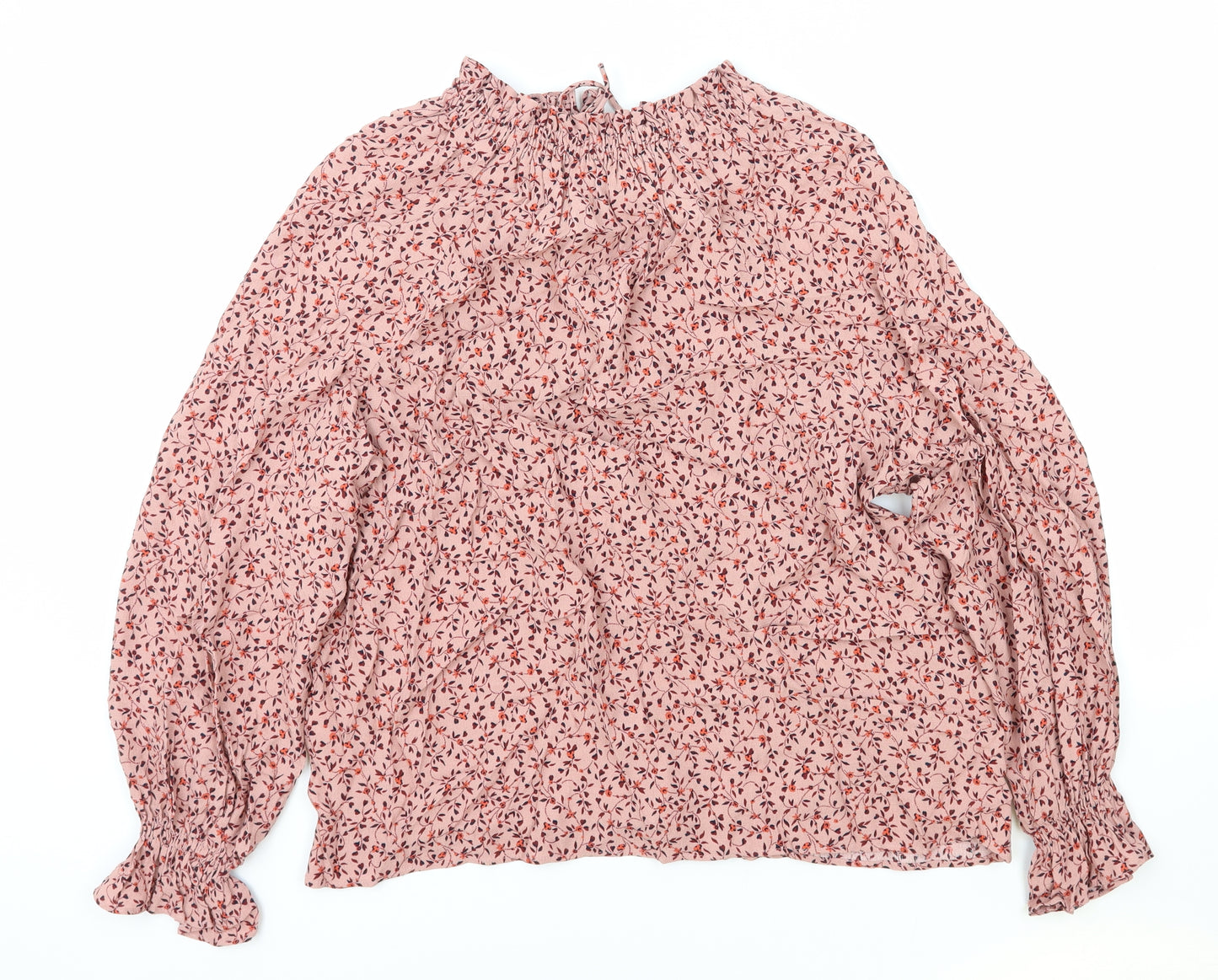 Marks and Spencer Womens Pink Floral Polyester Basic Blouse Size 12 Round Neck
