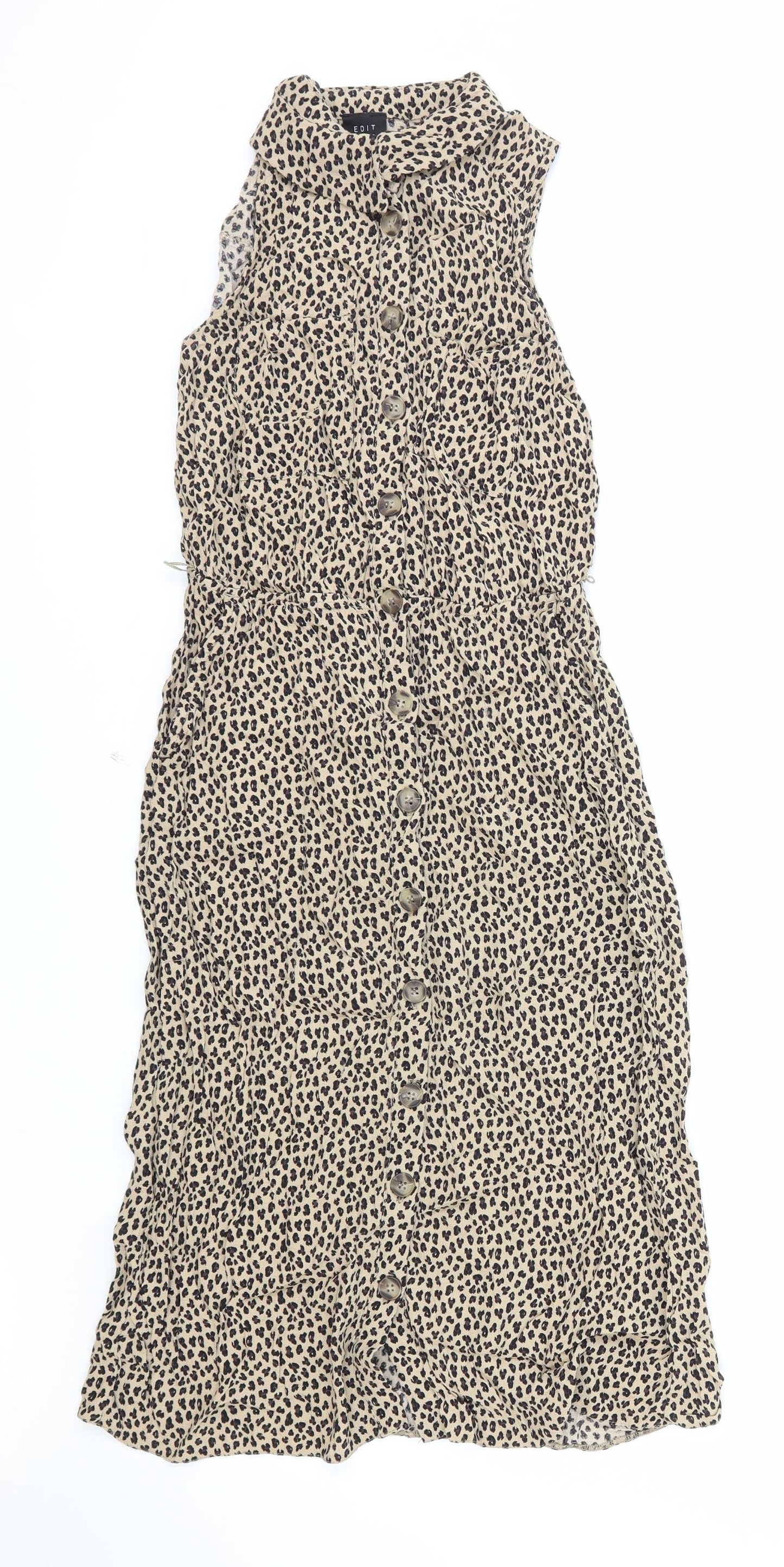 Editor's Cut Womens Brown Animal Print Polyester Shirt Dress Size 8 Collared Button - Leopard Print