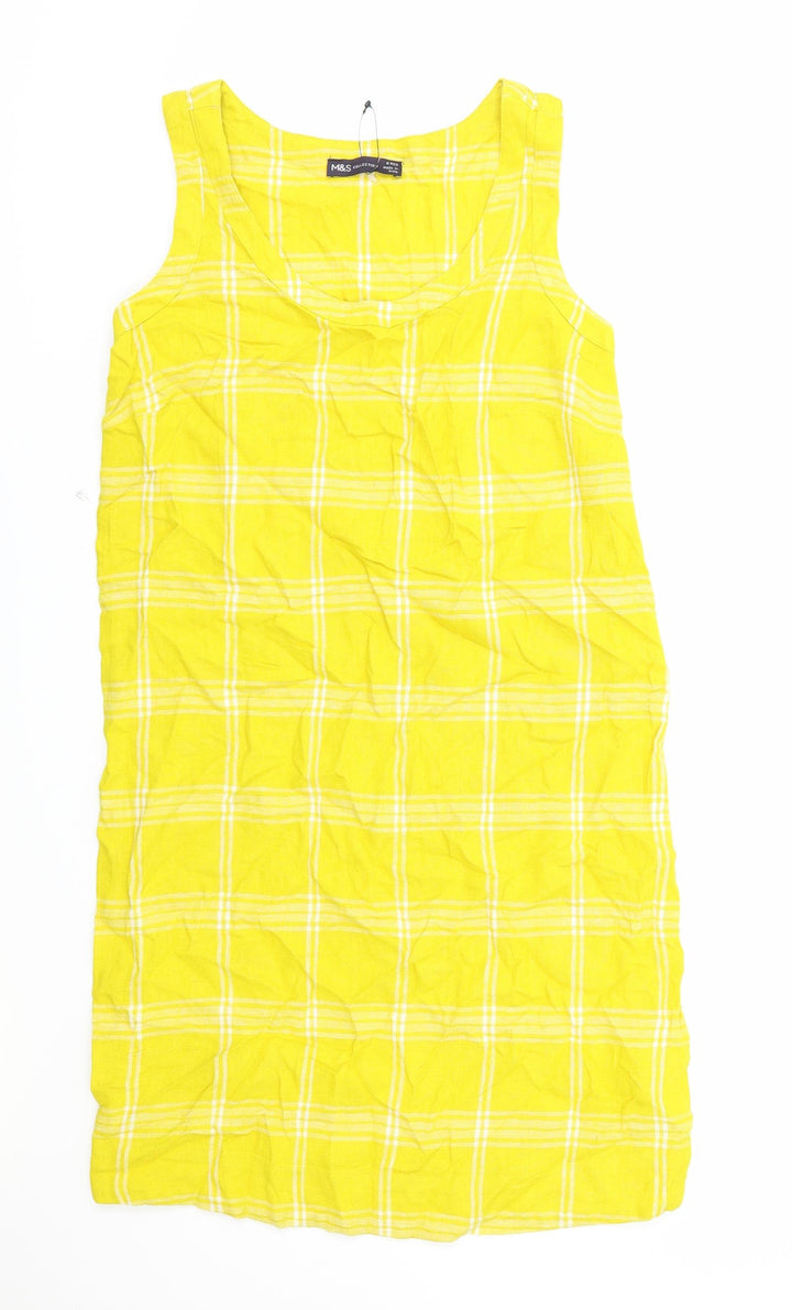 Marks and Spencer Womens Yellow Check Viscose Tank Dress Size 6 Scoop Neck Pullover