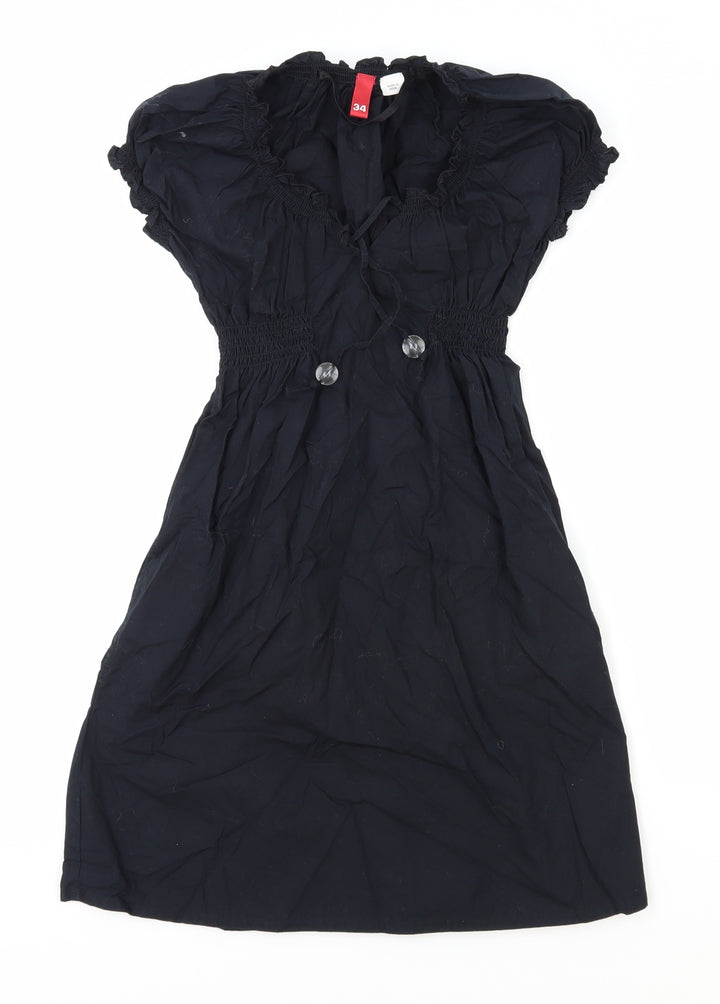 H&M Womens Blue Polyester Fit & Flare Size 6 V-Neck Drawstring - Shirred Waist