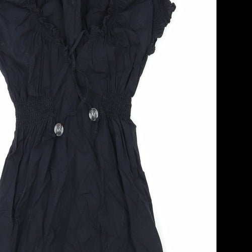 H&M Womens Blue Polyester Fit & Flare Size 6 V-Neck Drawstring - Shirred Waist