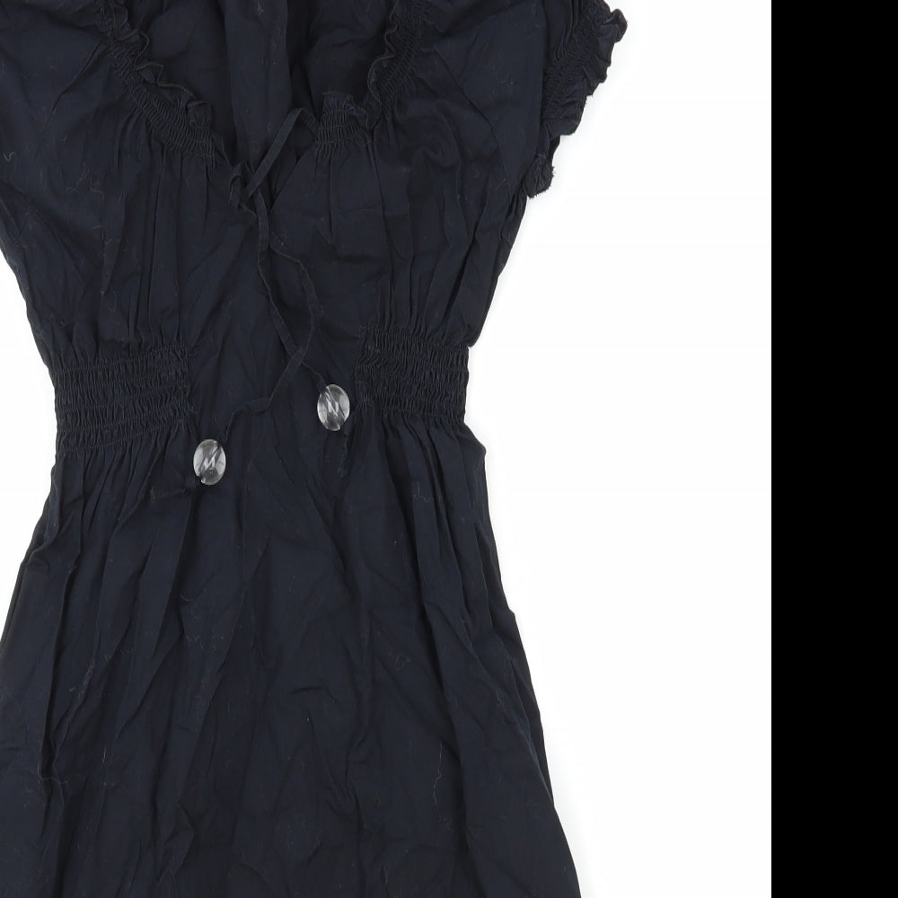 H&M Womens Blue Polyester Fit & Flare Size 6 V-Neck Drawstring - Shirred Waist
