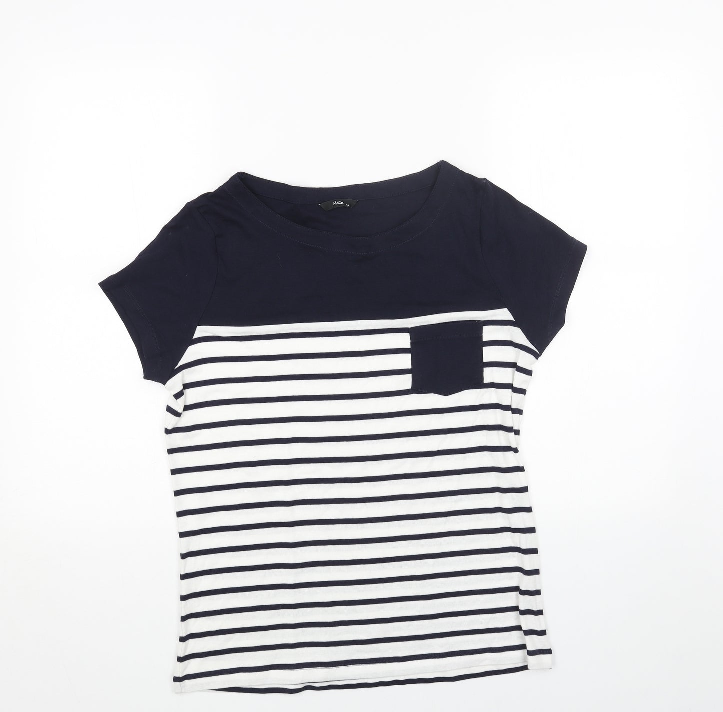 M&Co Womens White Striped Viscose Basic T-Shirt Size 14 Boat Neck